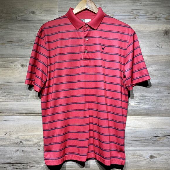 Callaway Opti-Dri Mens Medium Golf Shirt Pink Gray Stripes Polo Short Sleeve EUC - Picture 1 of 7